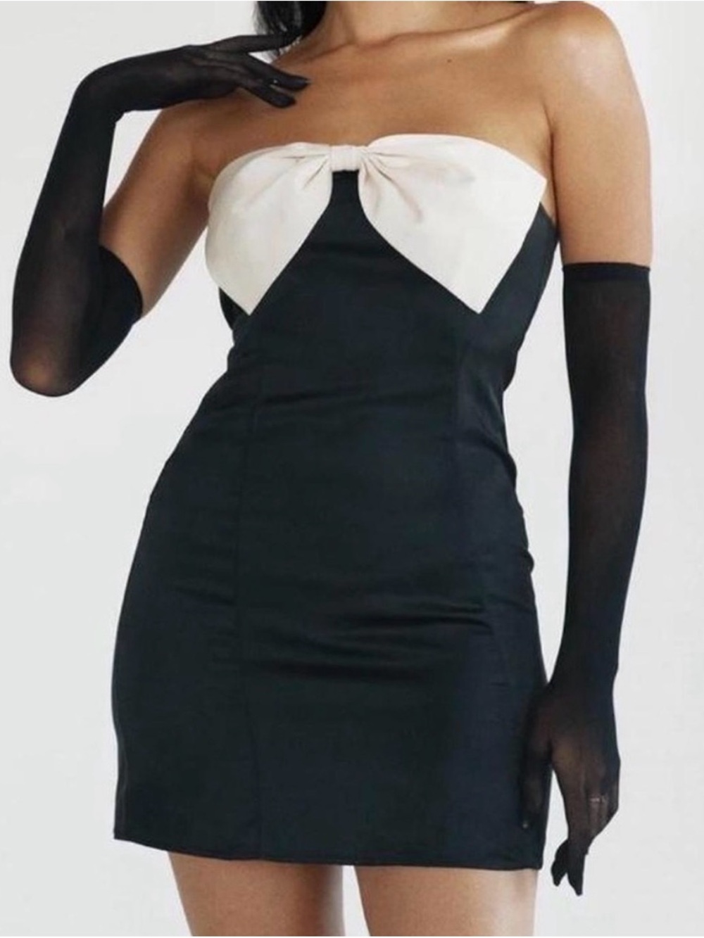 French Connection Black Strapless Mini Dress with Cream Bow